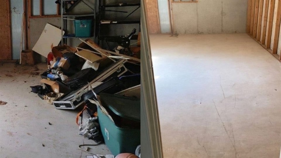 Before and after: Cluttered space transformed into a clean, empty area by ANSEB Junk Removal